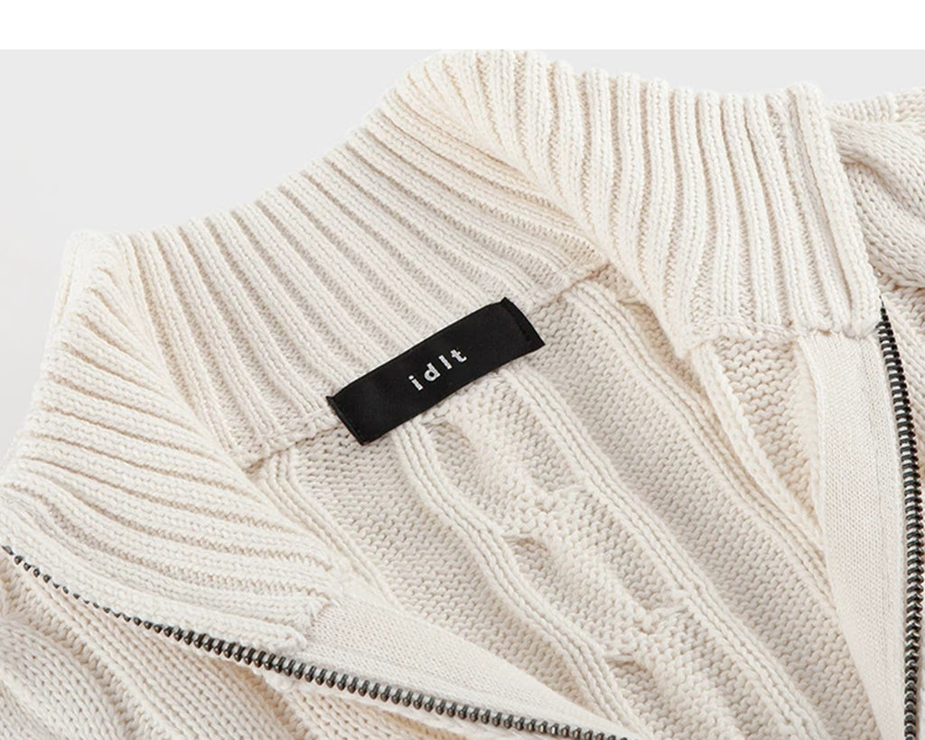 IDLT cable knit half zip sweater, cream neckline label.