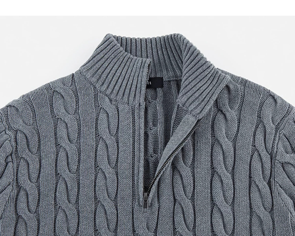 IDLT cable knit half zip sweater, gray collar.