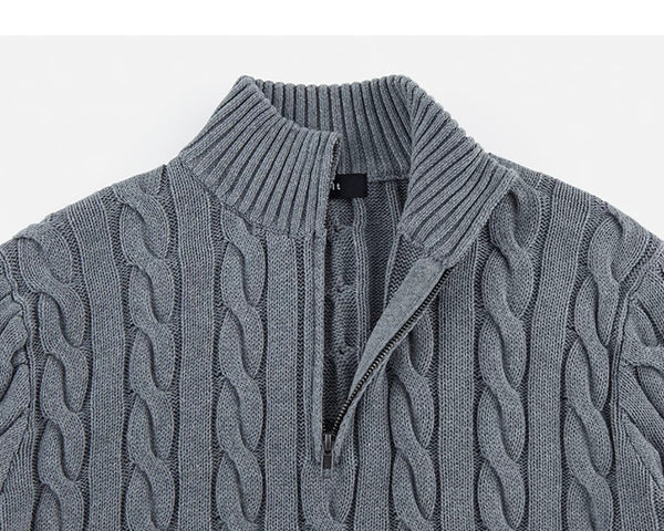IDLT cable knit half zip sweater, gray collar.