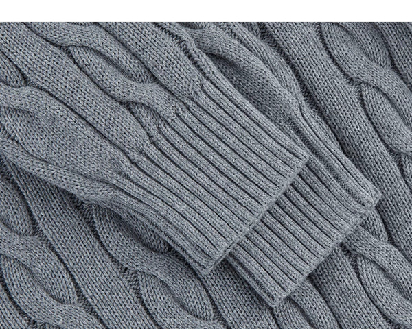 IDLT cable knit half zip sweater, gray ribbed cuffs.