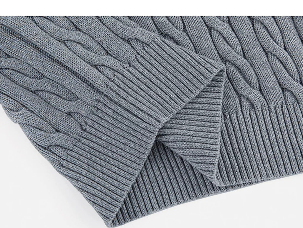 IDLT cable knit half zip sweater, gray folded hem.