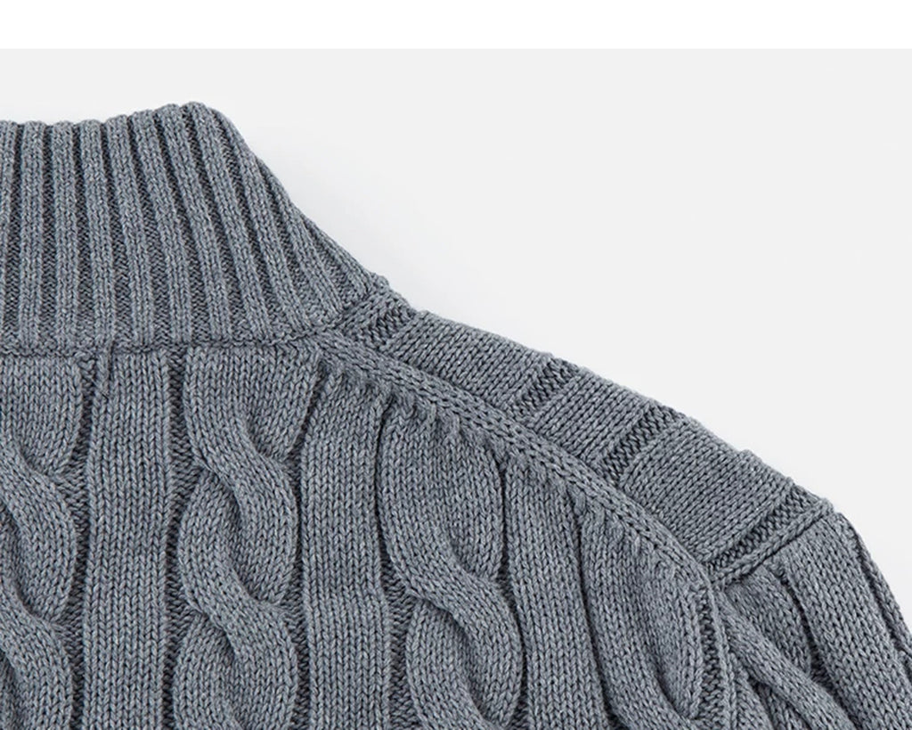 IDLT cable knit half zip sweater, gray back shoulder seam.