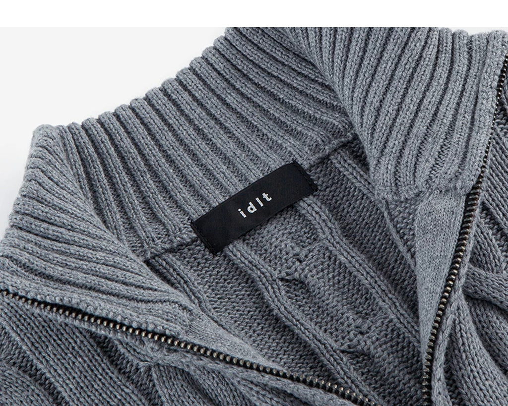 IDLT cable knit half zip sweater, gray neckline label.