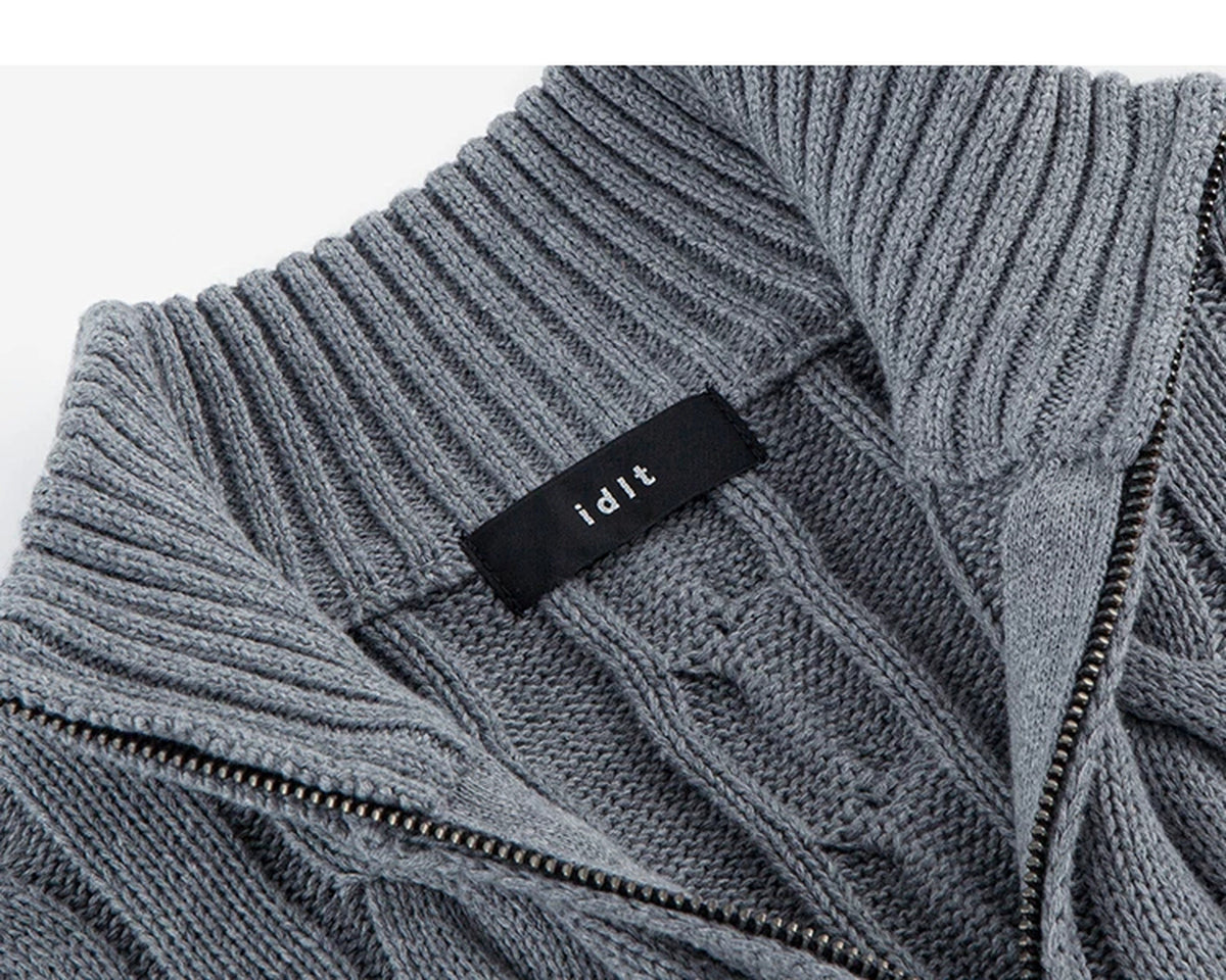IDLT cable knit half zip sweater, gray neckline label.