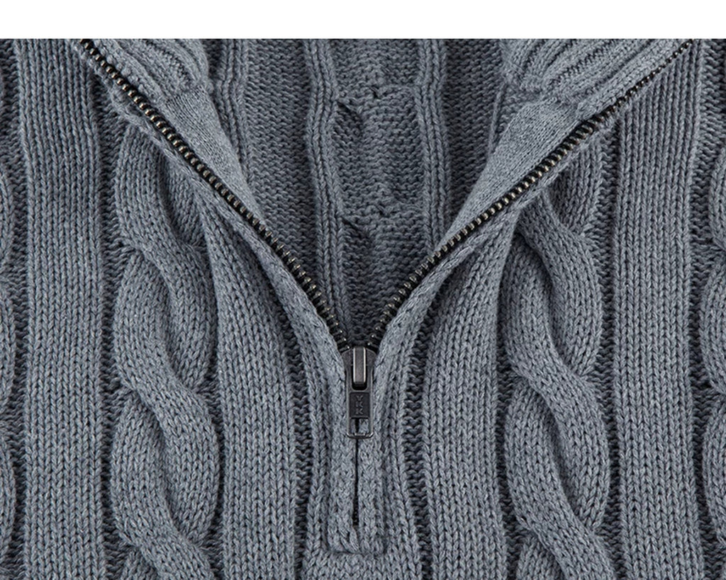 IDLT cable knit half zip sweater, gray half zipper.