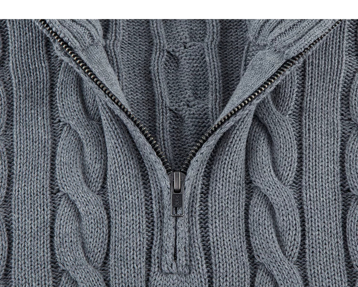 IDLT cable knit half zip sweater, gray half zipper.