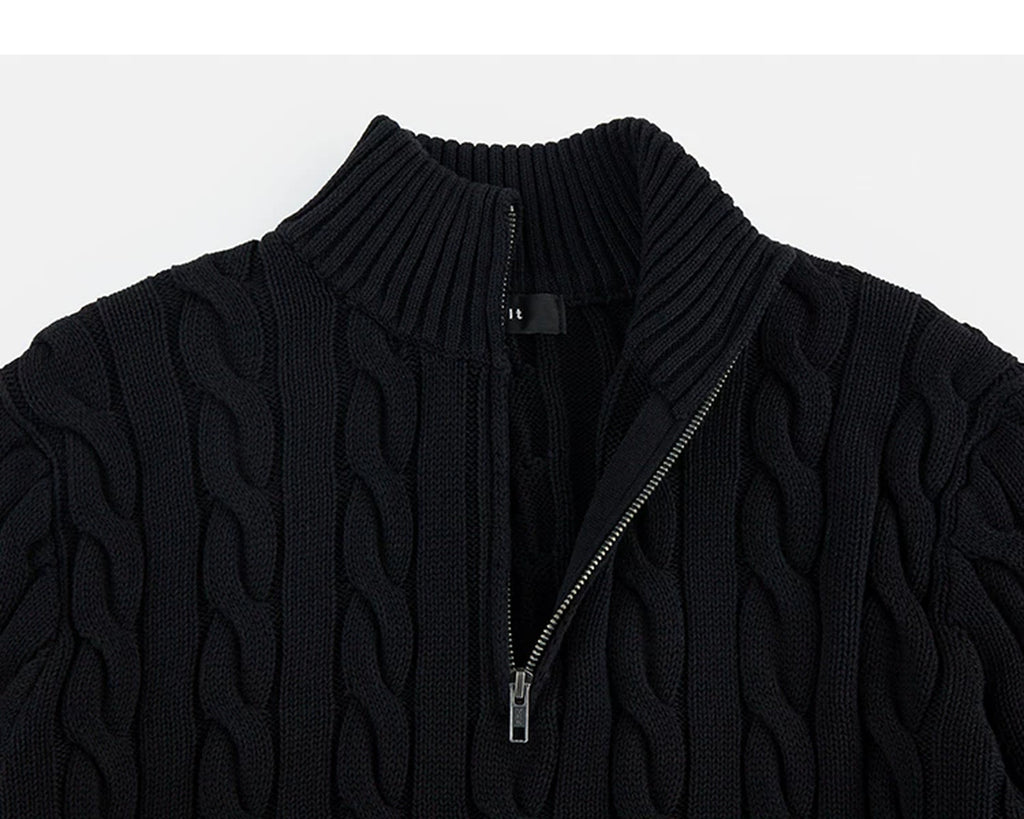 IDLT cable knit half zip sweater, black collar.