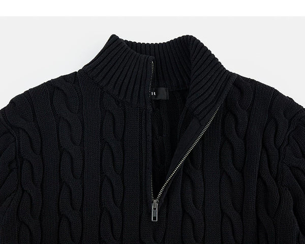 IDLT cable knit half zip sweater, black collar.