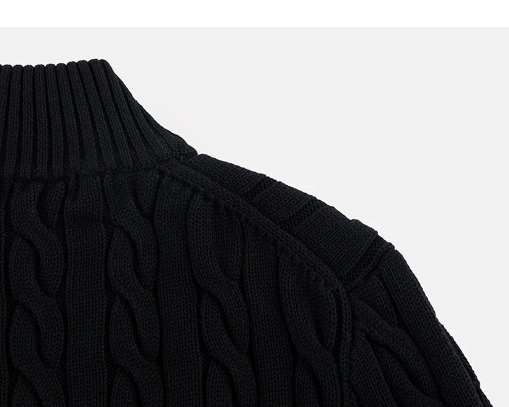 IDLT cable knit half zip sweater, black back shoulder seam.