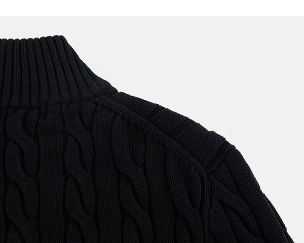 IDLT cable knit half zip sweater, black back shoulder seam.