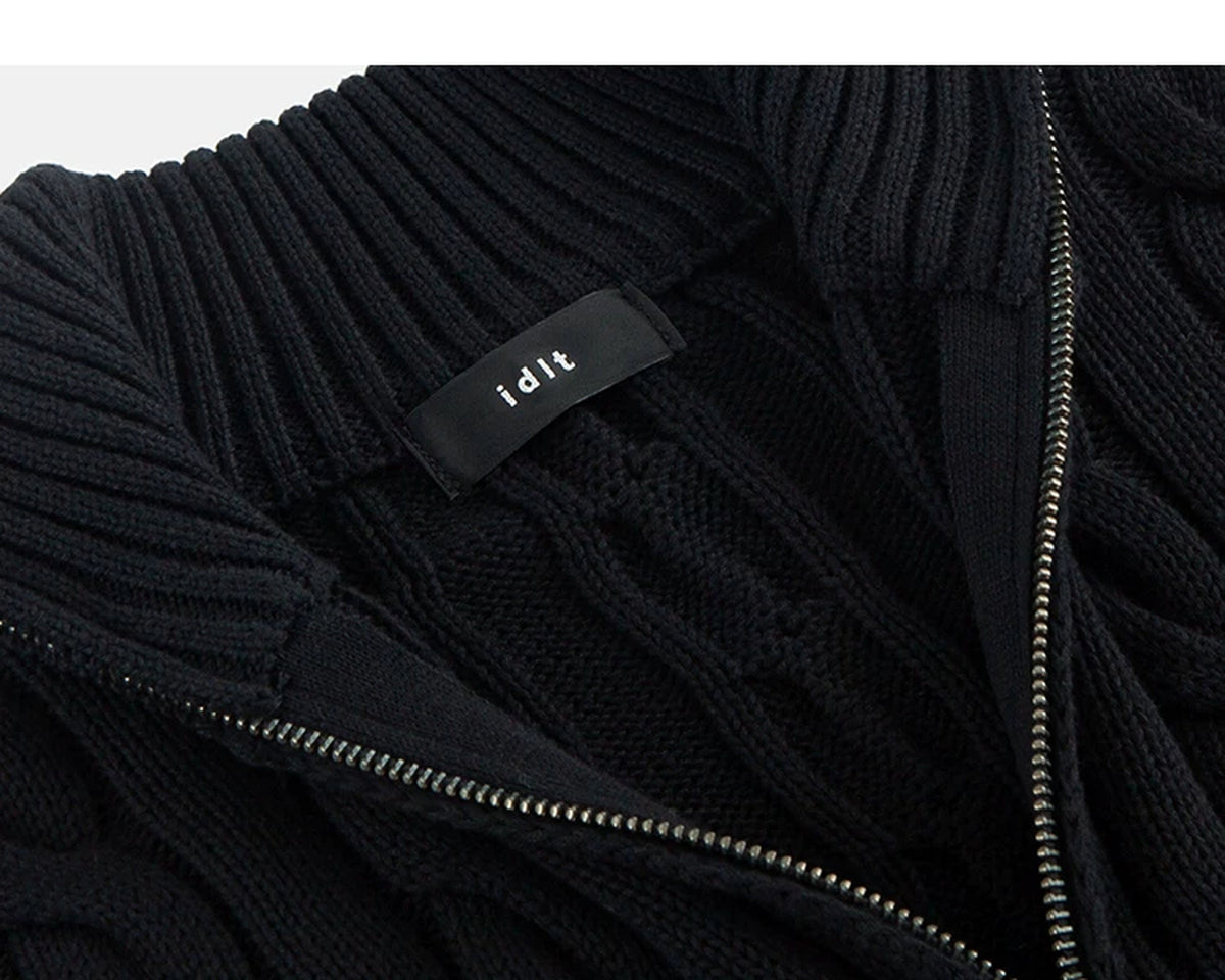 IDLT cable knit half zip sweater, black neckline label.
