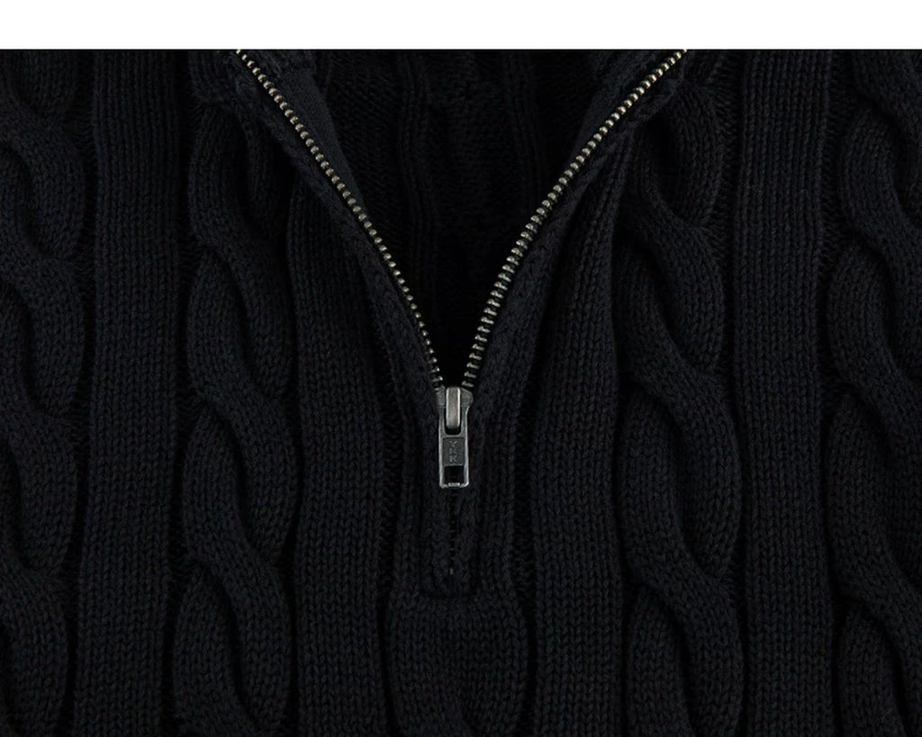IDLT cable knit half zip sweater, black half zipper.