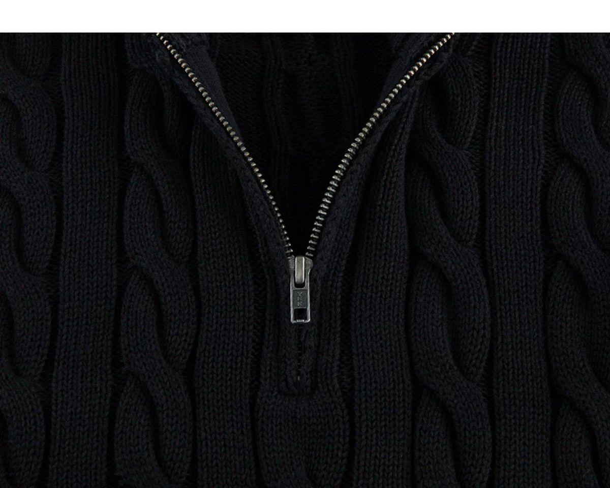 IDLT cable knit half zip sweater, black half zipper.