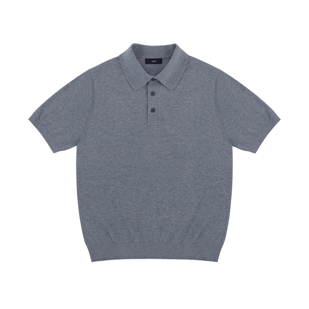 IDLT knit polo shirt, gray front.