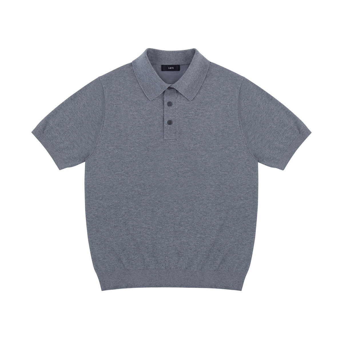 IDLT knit polo shirt, gray front.