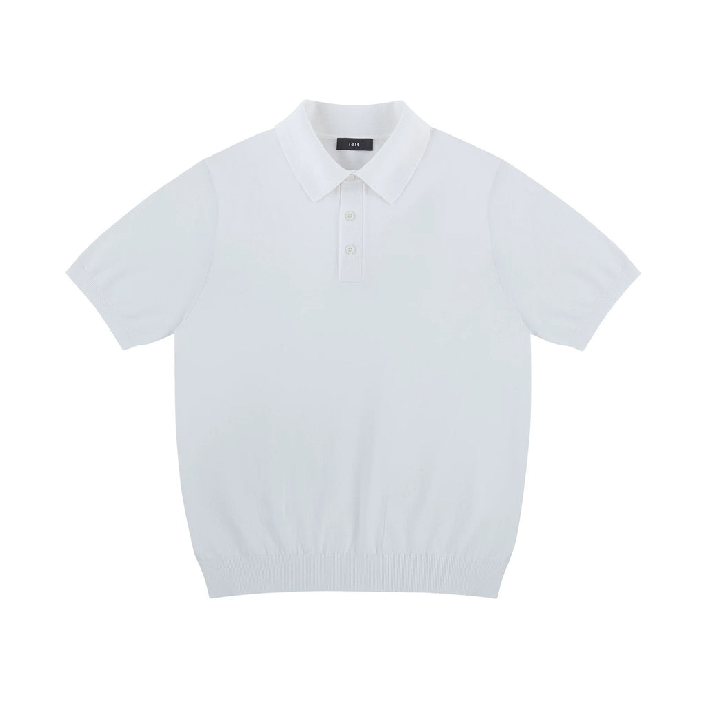 IDLT knit polo shirt, white front.