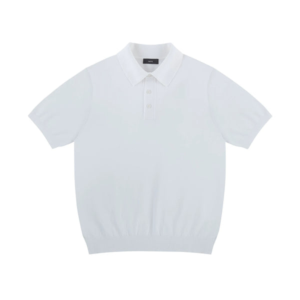 IDLT knit polo shirt, white front.