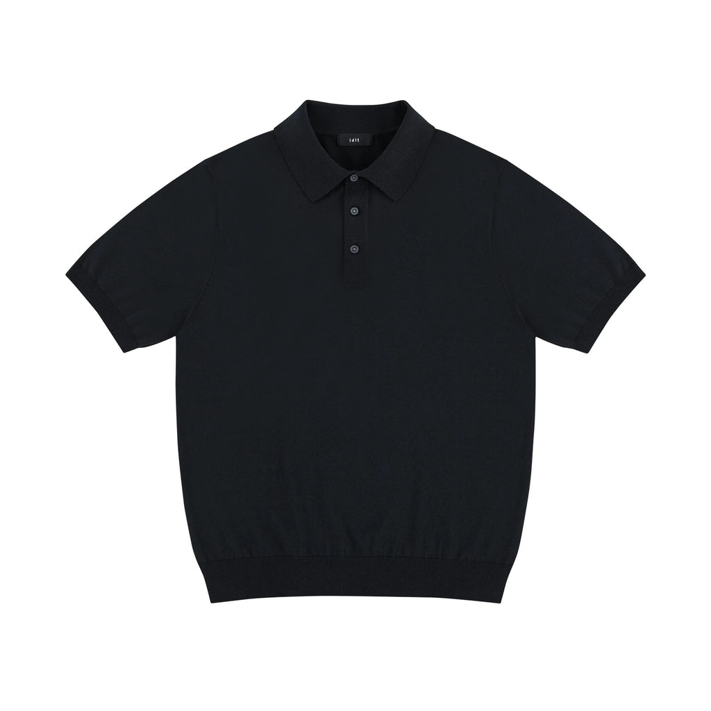 IDLT knit polo shirt, black front.