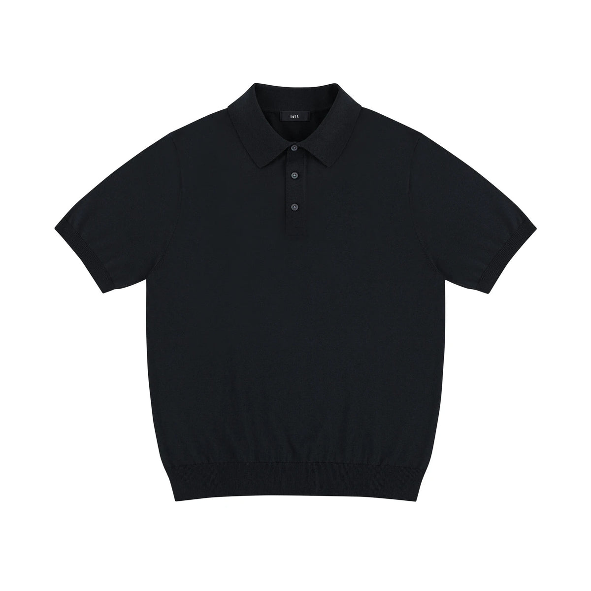 IDLT knit polo shirt, black front.