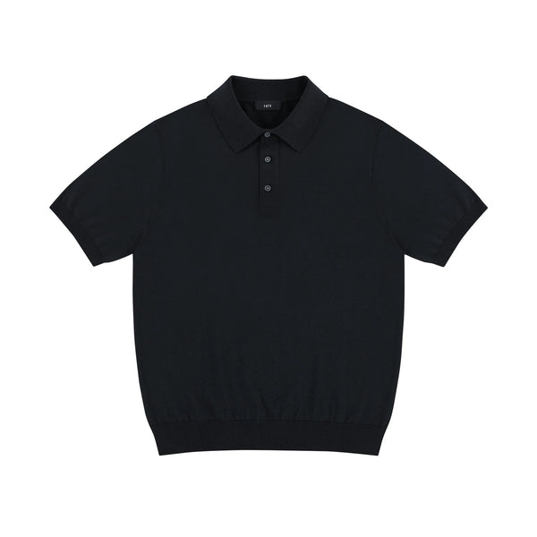 IDLT knit polo shirt, black front.