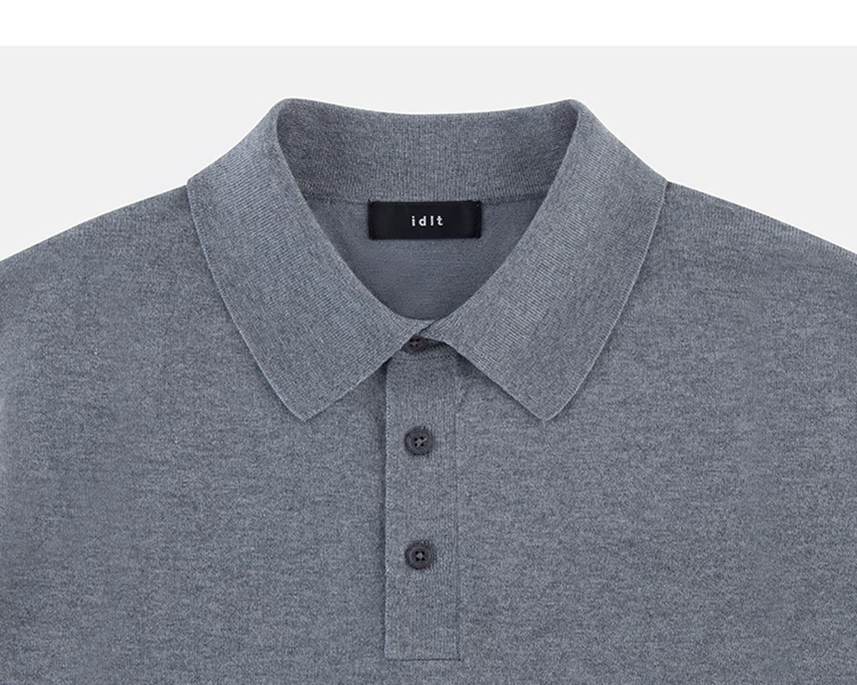 IDLT knit polo shirt, gray collar and placket.