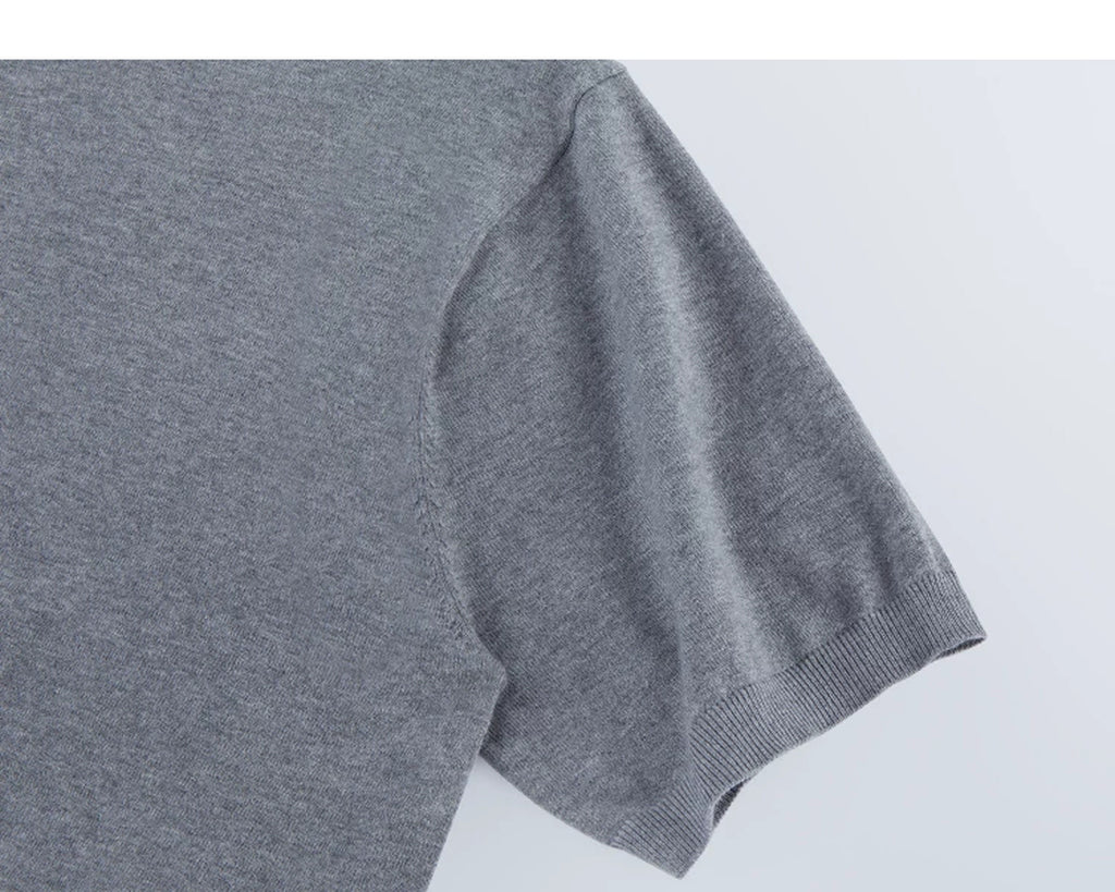 IDLT knit polo shirt, gray sleeve.