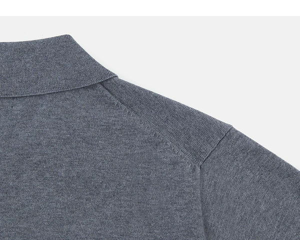 IDLT knit polo shirt, gray back shoulder seam.