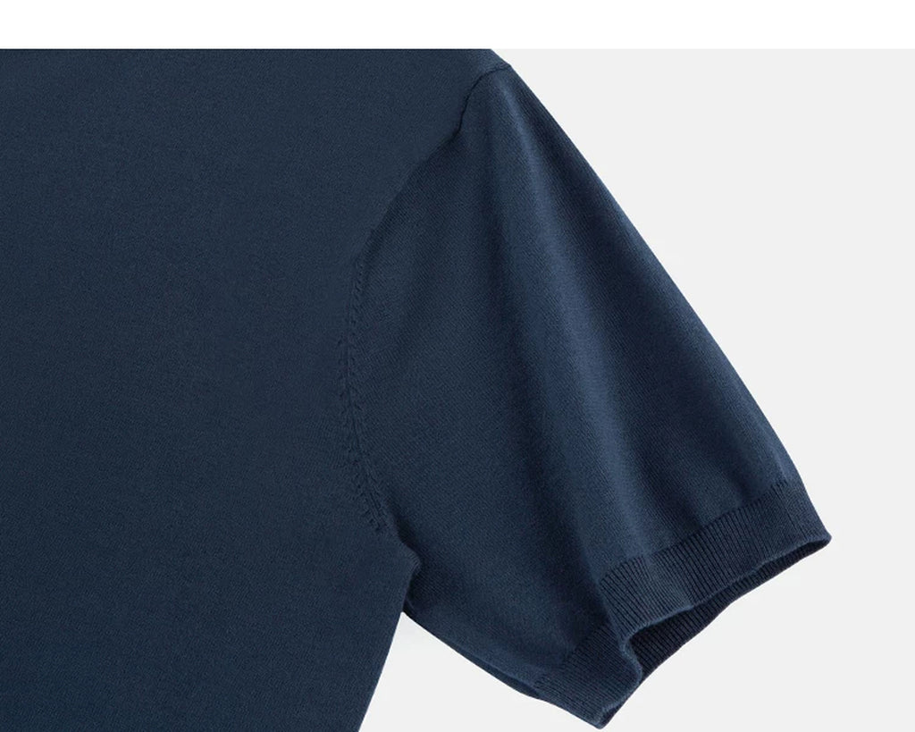 IDLT knit polo shirt, navy sleeve.