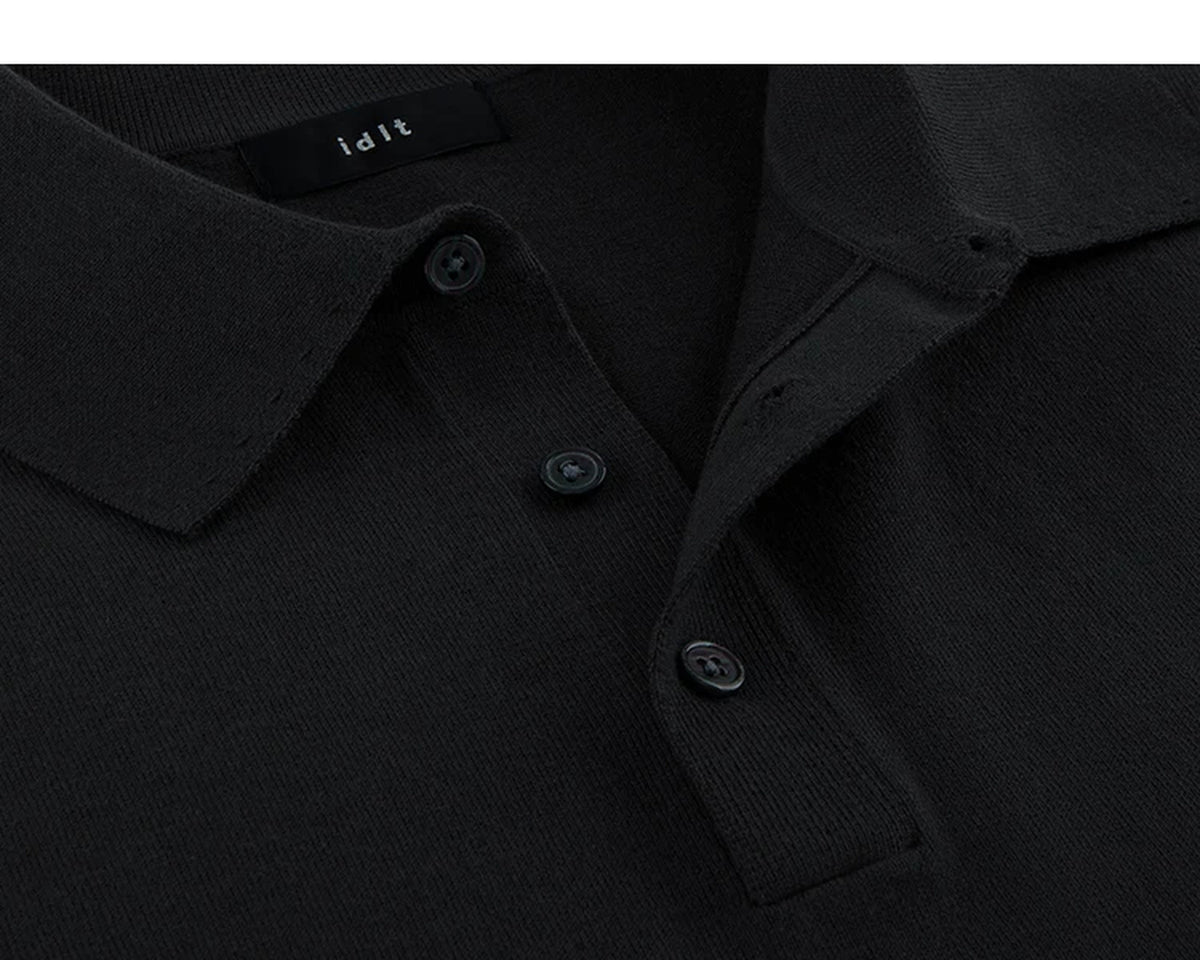 IDLT knit polo shirt, black open button placket.