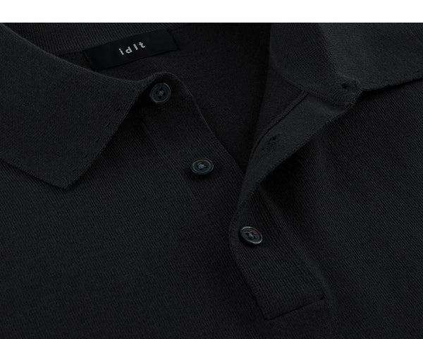 IDLT knit polo shirt, black open button placket.