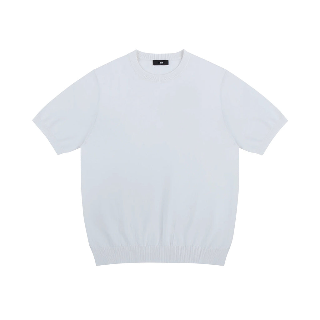 IDLT short sleeve knit top, white front.