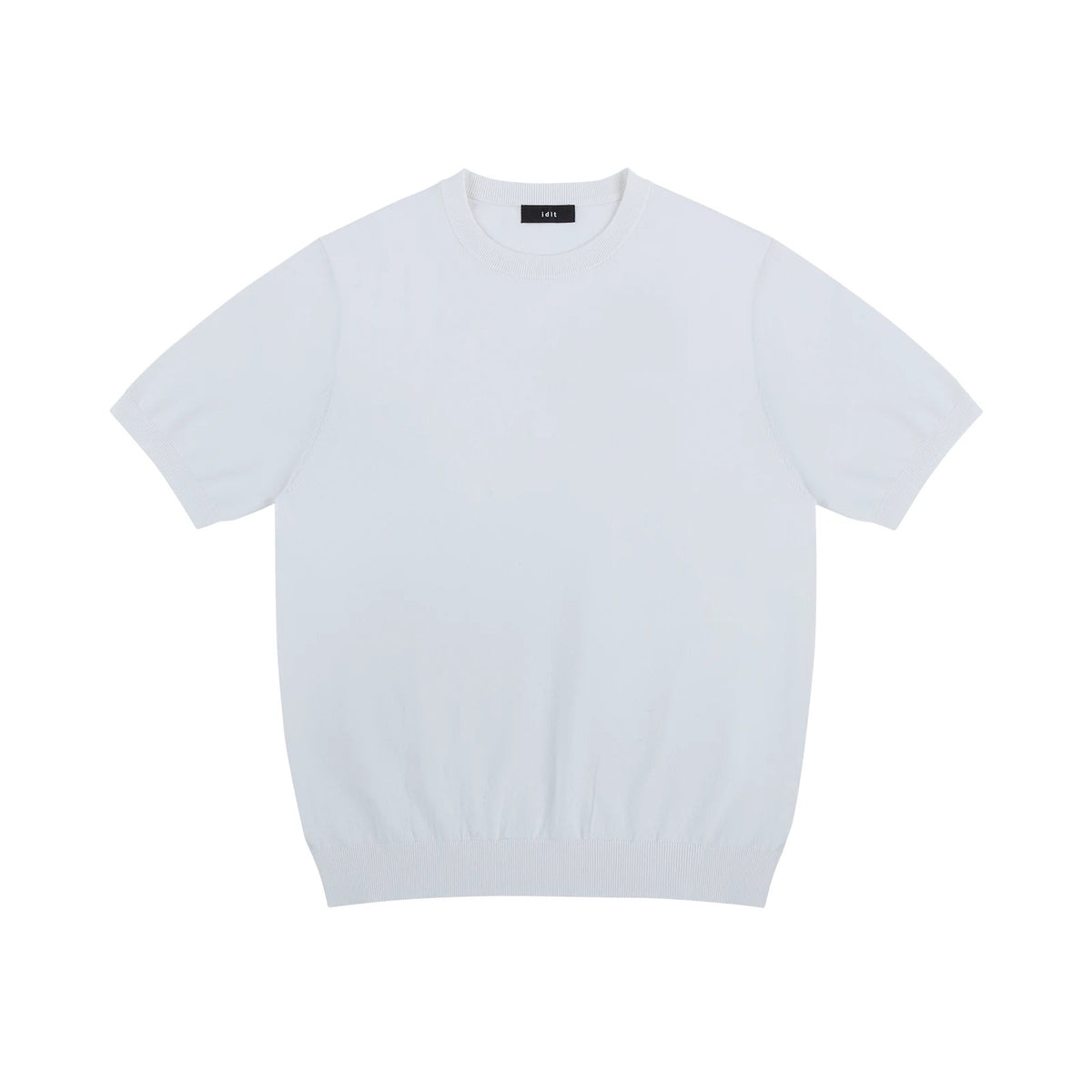 IDLT short sleeve knit top, white front.