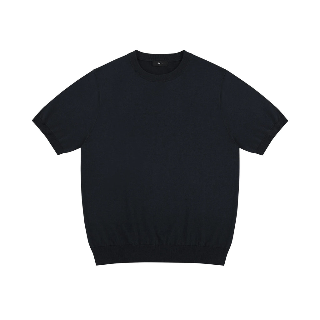 IDLT short sleeve knit top, black front.