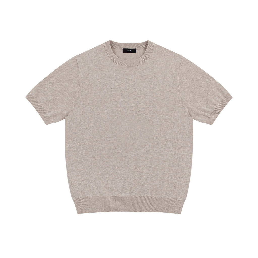 IDLT short sleeve knit top, beige front.