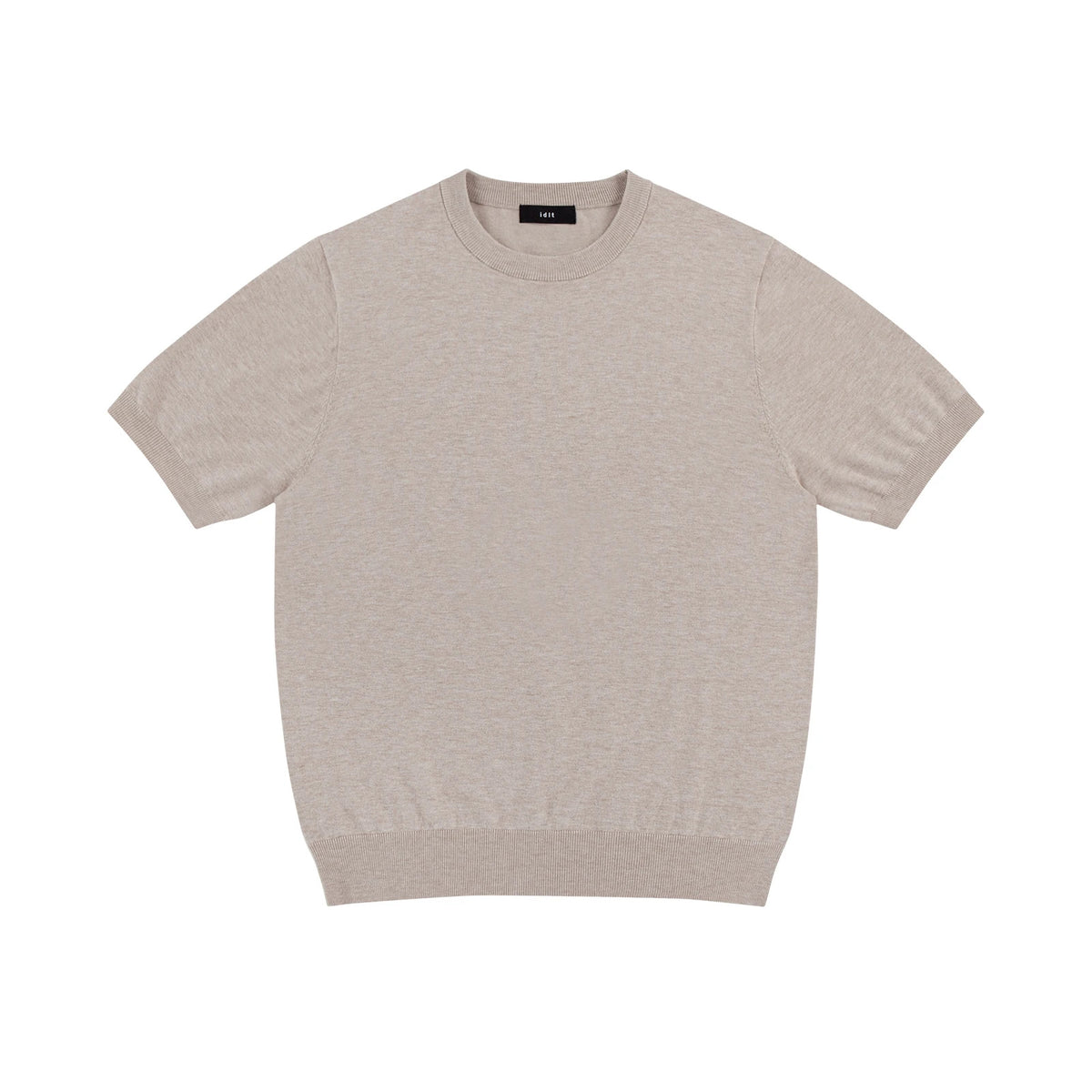 IDLT short sleeve knit top, beige front.