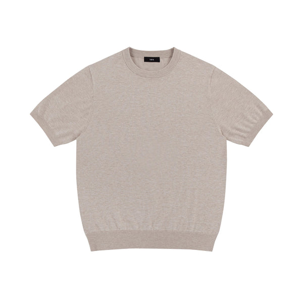 IDLT short sleeve knit top, beige front.
