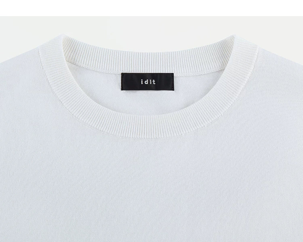 IDLT short sleeve knit top, white crewneck.