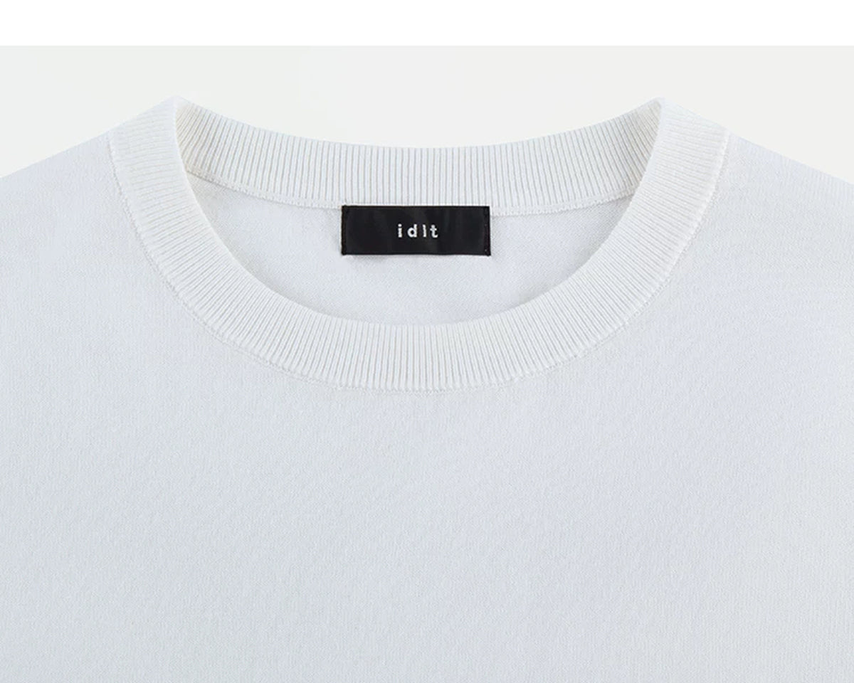 IDLT short sleeve knit top, white crewneck.