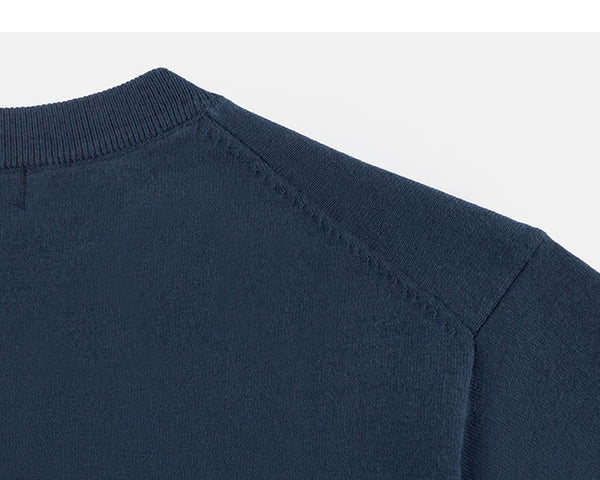 IDLT short sleeve knit top, navy back shoulder seam.