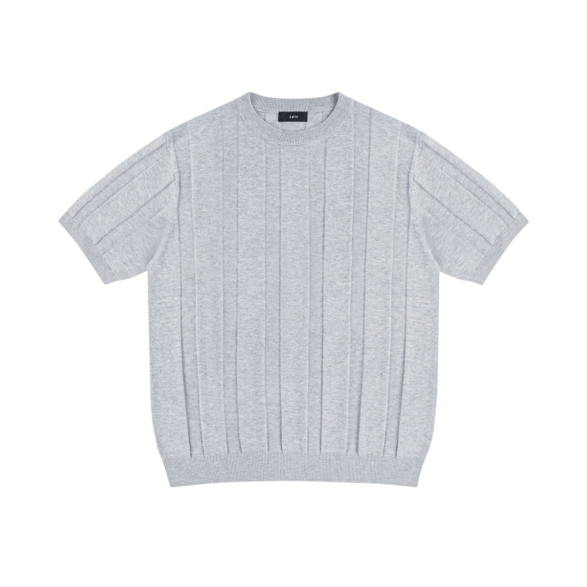 IDLT ribbed short sleeve sweater, gray front.