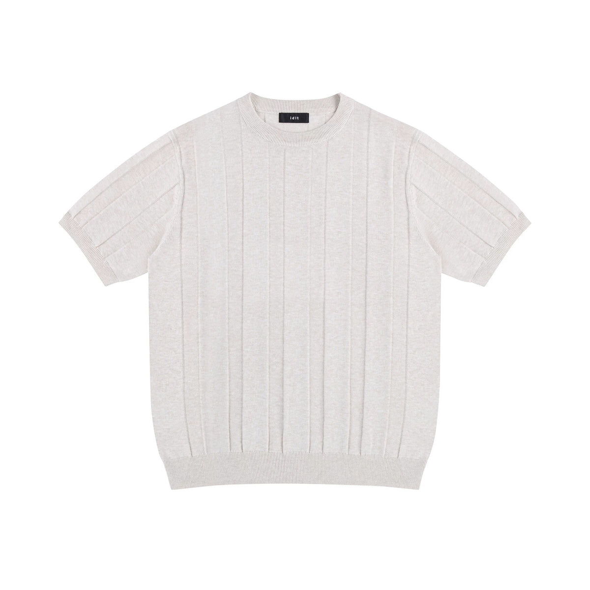 IDLT ribbed short sleeve sweater, cream front.