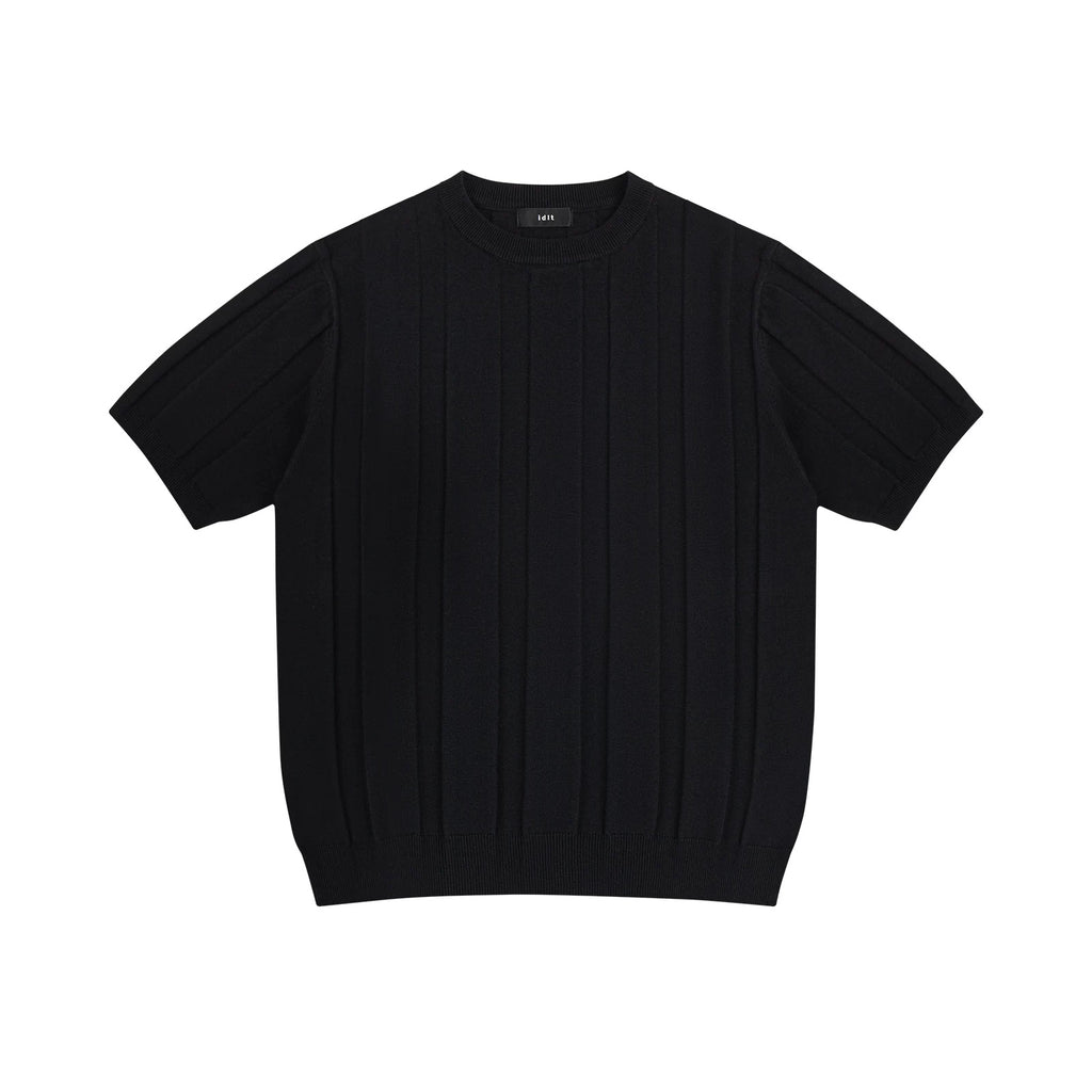 IDLT ribbed short sleeve sweater, black front.
