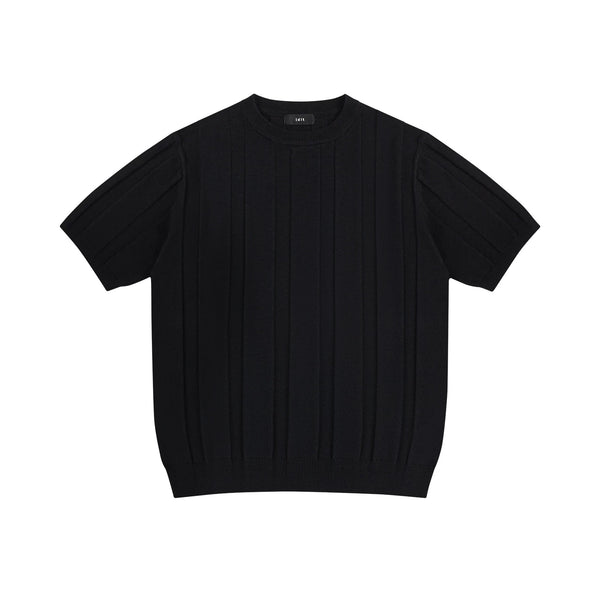 IDLT ribbed short sleeve sweater, black front.