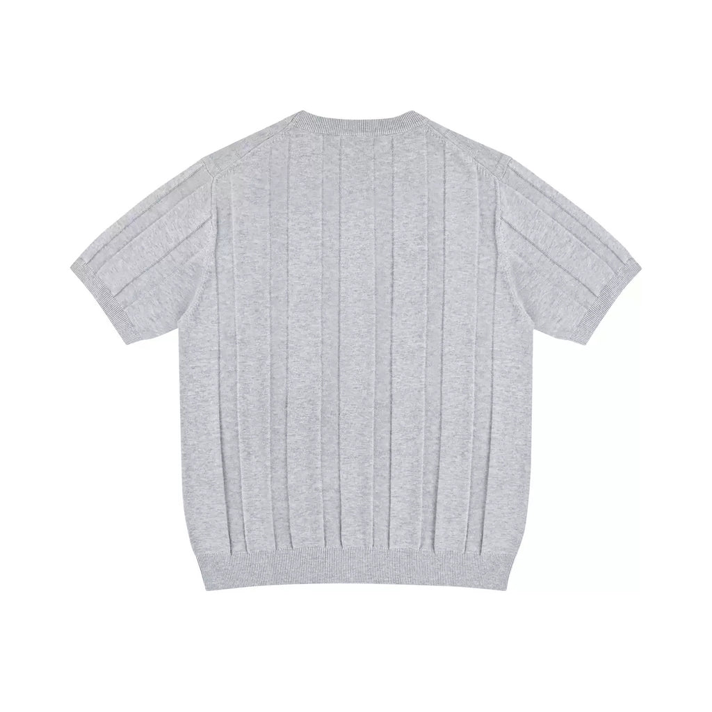 IDLT ribbed short sleeve sweater, gray back.