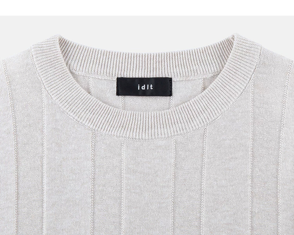 IDLT ribbed short sleeve sweater, cream crewneck.