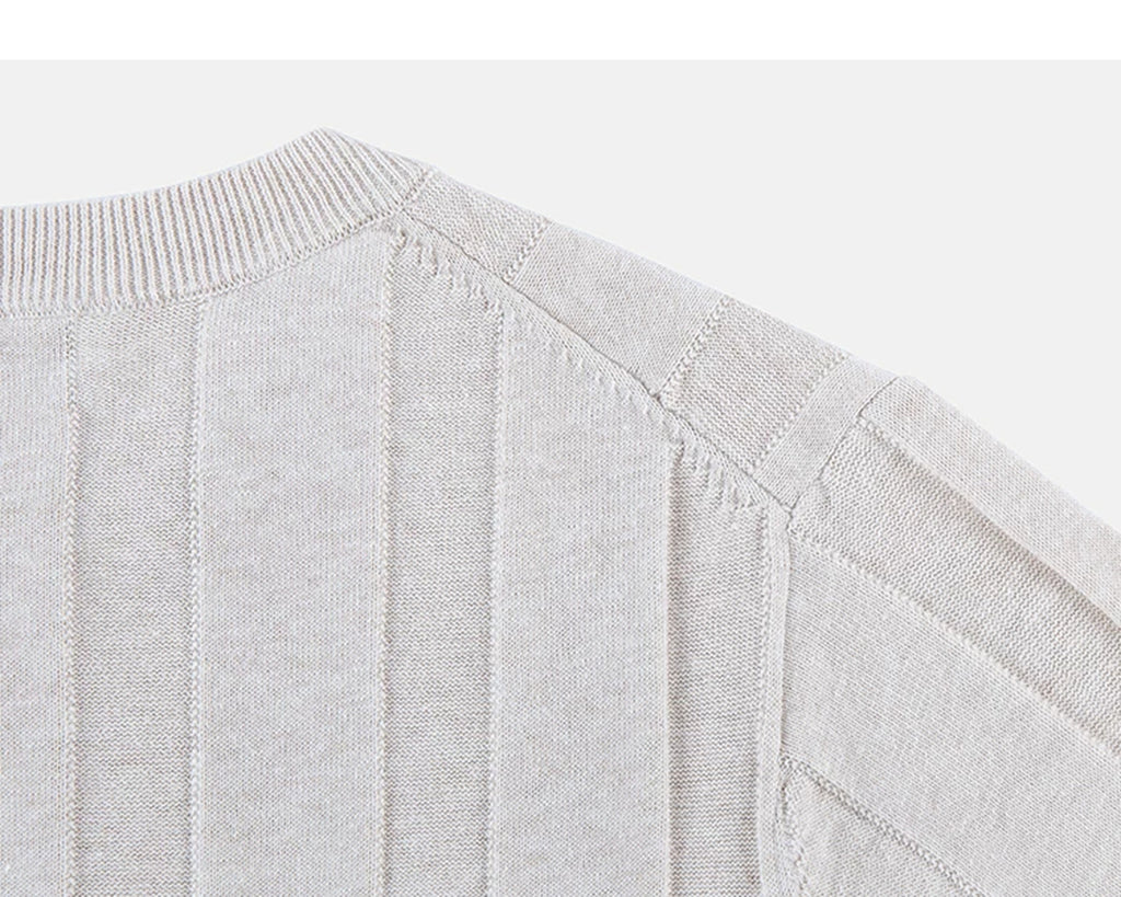 IDLT ribbed short sleeve sweater, cream back shoulder seam.