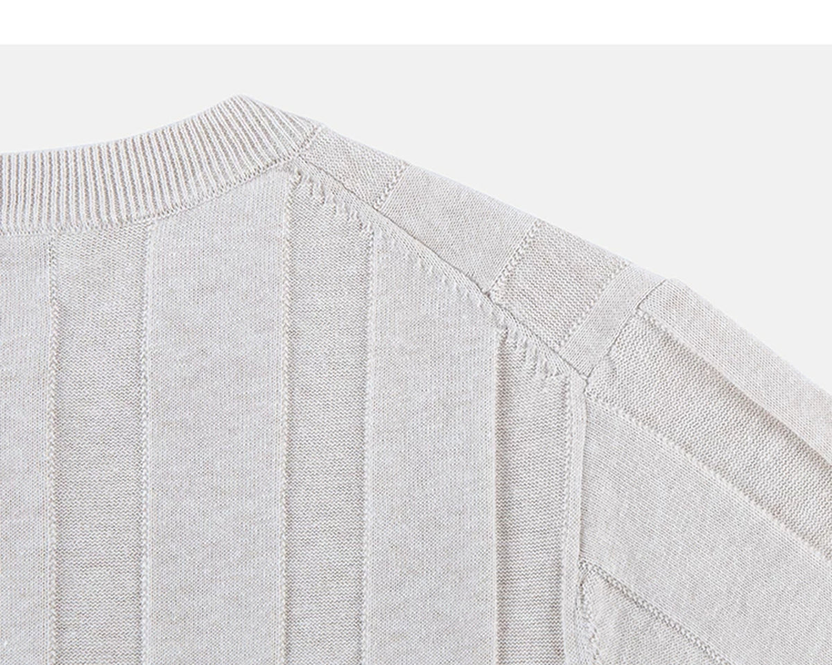 IDLT ribbed short sleeve sweater, cream back shoulder seam.
