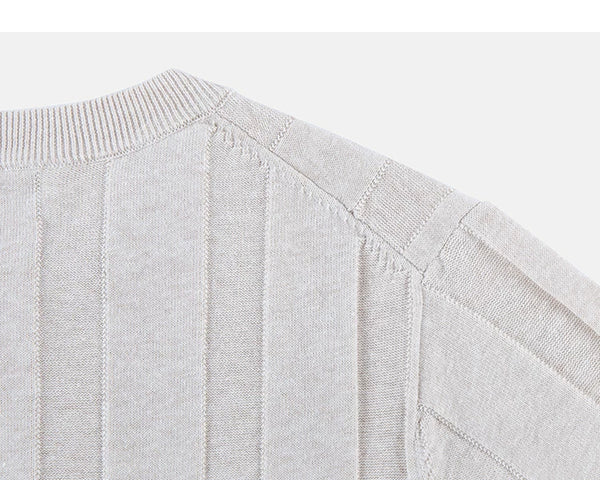 IDLT ribbed short sleeve sweater, cream back shoulder seam.