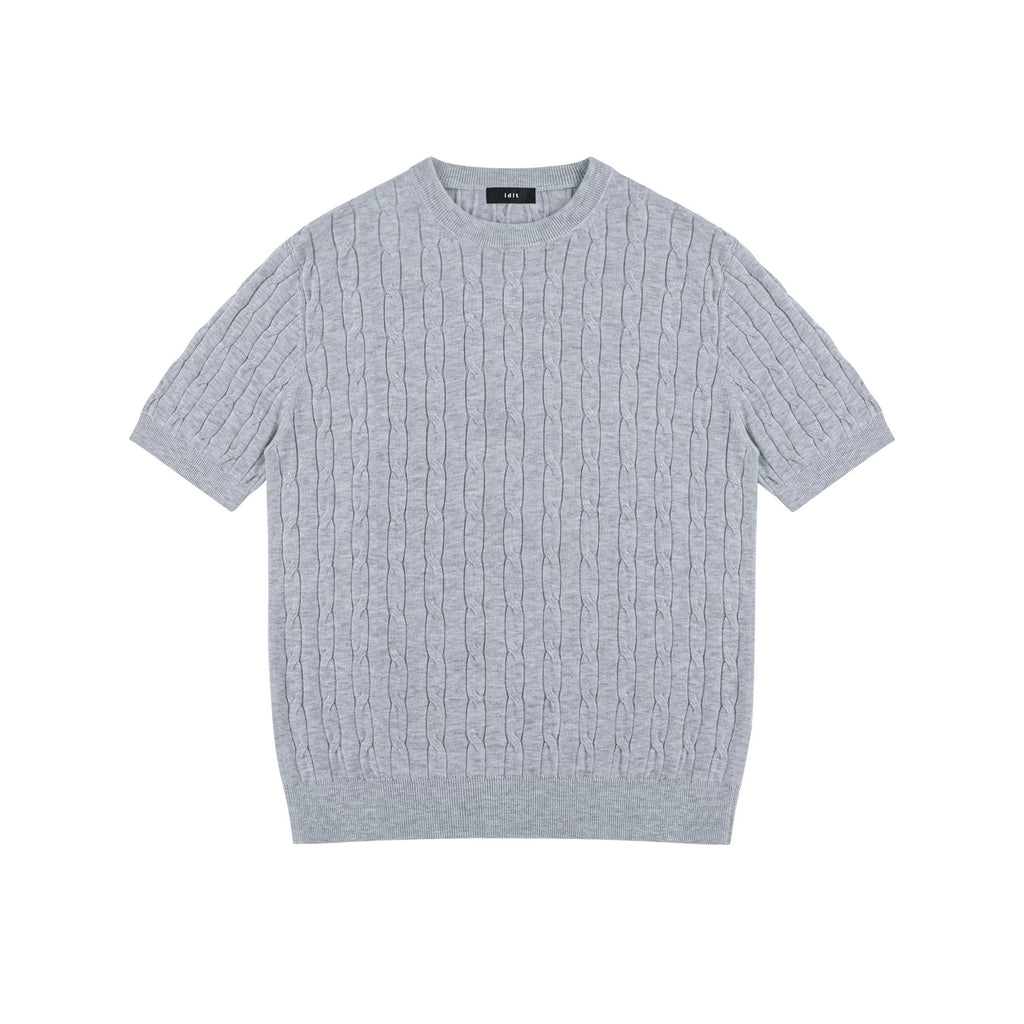 IDLT cable knit short sleeve sweater, gray front.