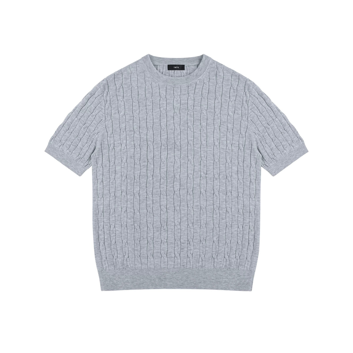 IDLT cable knit short sleeve sweater, gray front.